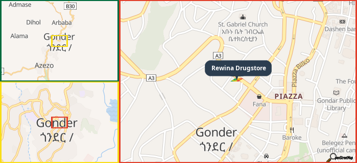 Map showing the address of Rewina Drugstore in three different zoom levels.