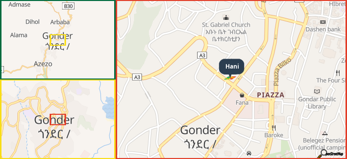 Map showing the address of Hani in three different zoom levels.