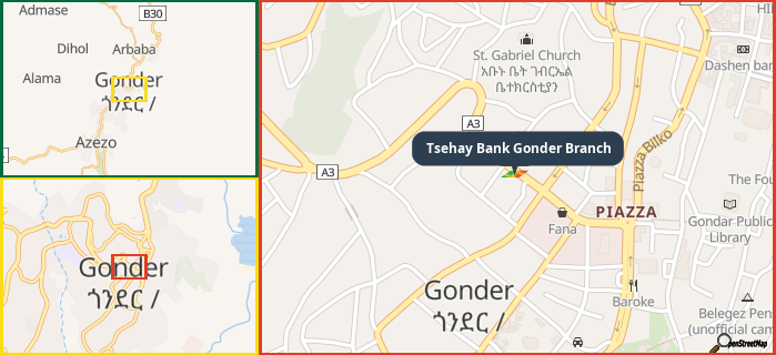 Map showing the address of Tsehay Bank Gonder Branch in three different zoom levels.