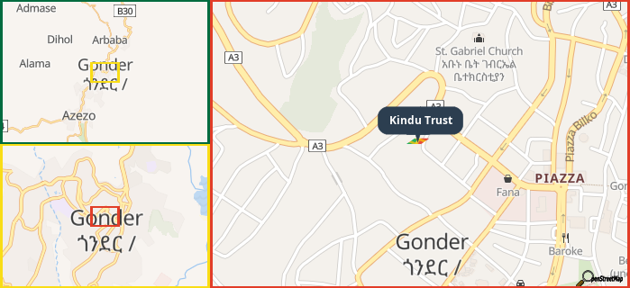 Map showing the address of Kindu Trust in three different zoom levels.