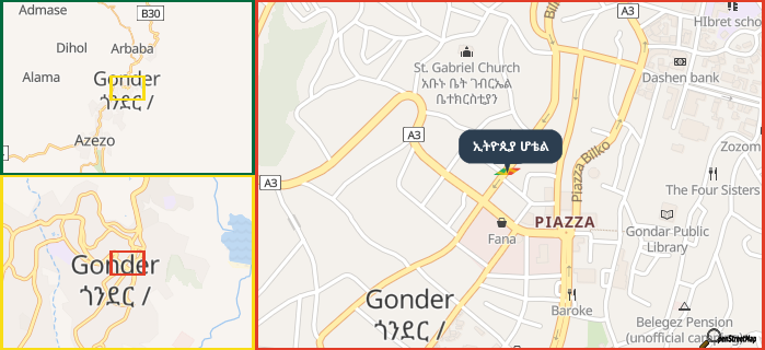 Map showing the address of ኢትዮጲያ ሆቴል in three different zoom levels.