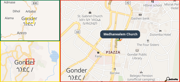 Map showing the address of Medhanealem Church in three different zoom levels.