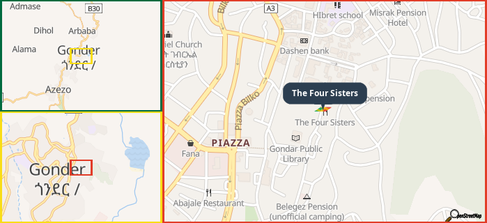 Map showing the address of The Four Sisters in three different zoom levels.