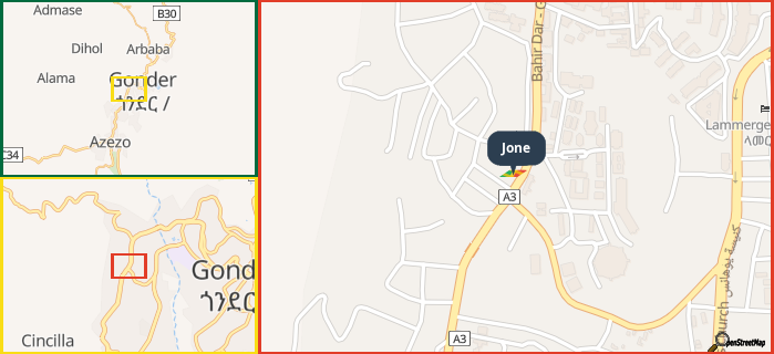 Map showing the address of Jone in three different zoom levels.