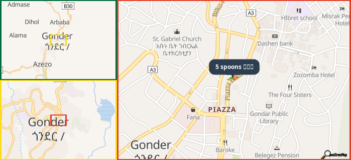 Map showing the address of 5 spoons קפה in three different zoom levels.