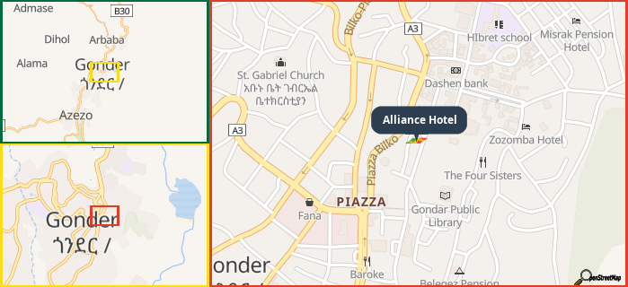 Map showing the address of Alliance Hotel in three different zoom levels.