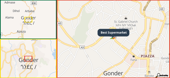 Map showing the address of Best Supermarket in three different zoom levels.