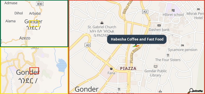 Map showing the address of Habesha Coffee and Fast Food in three different zoom levels.