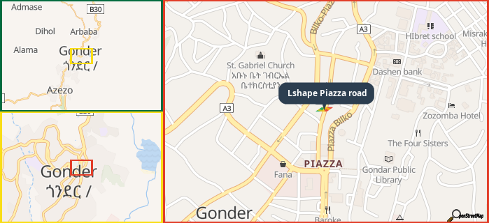 Map showing the address of Lshape Piazza road in three different zoom levels.