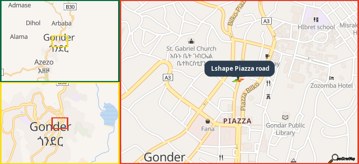 Map showing the address of Lshape Piazza road in three different zoom levels.