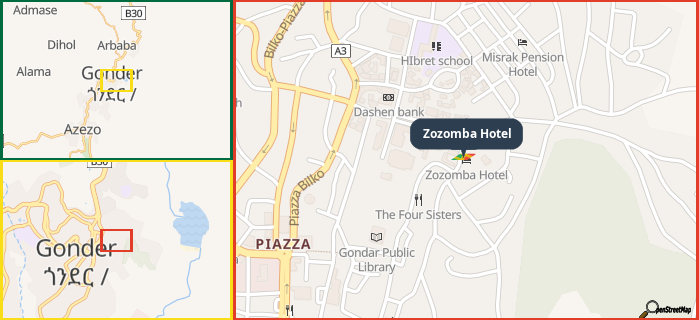 Map showing the address of Zozomba Hotel in three different zoom levels.