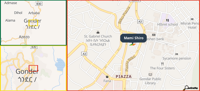 Map showing the address of Mami Shiro in three different zoom levels.