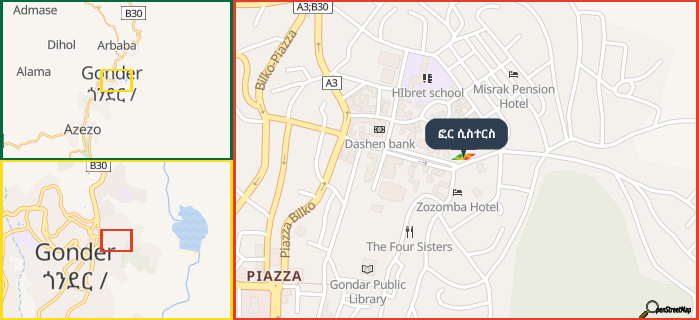 Map showing the address of ፎር ሲስተርስ in three different zoom levels.
