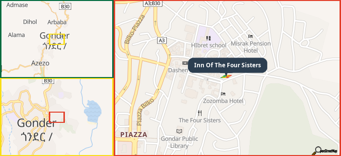 Map showing the address of Inn Of The Four Sisters in three different zoom levels.