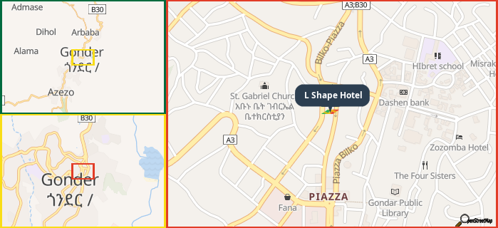 Map showing the address of L Shape Hotel in three different zoom levels.