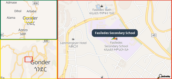 Map showing the address of Fasiledes Secondary School in three different zoom levels.