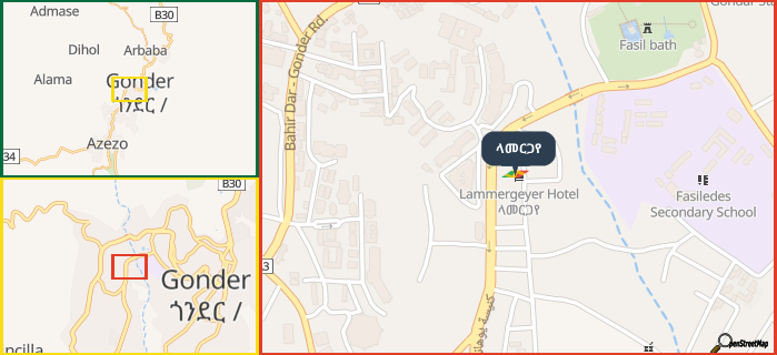 Map showing the address of ላመርጋየ in three different zoom levels.