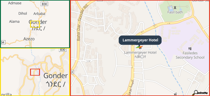 Map showing the address of Lammergeyer Hotel in three different zoom levels.
