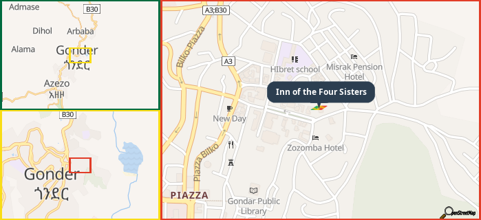 Map showing the address of Inn of the Four Sisters in three different zoom levels.