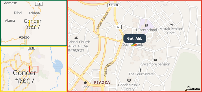 Map showing the address of Guti Alib in three different zoom levels.