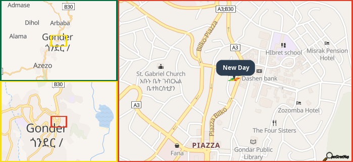 Map showing the address of New Day in three different zoom levels.