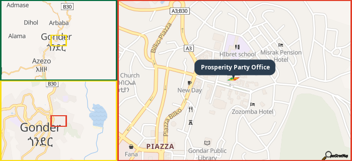 Map showing the address of Prosperity Party Office in three different zoom levels.