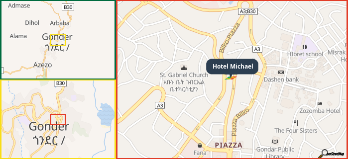 Map showing the address of Hotel Michael in three different zoom levels.