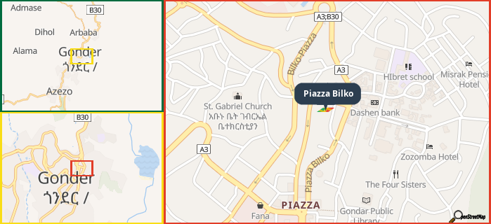 Map showing the address of Piazza Bilko in three different zoom levels.