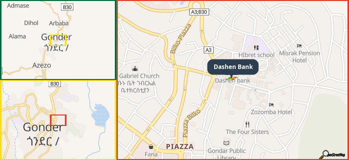 Map showing the address of Dashen Bank in three different zoom levels.