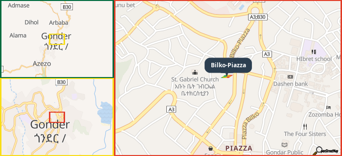 Map showing the address of Bilko-Piazza in three different zoom levels.
