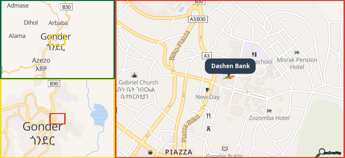 Map showing the address of Dashen Bank in three different zoom levels.