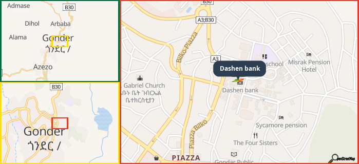 Map showing the address of Dashen bank in three different zoom levels.