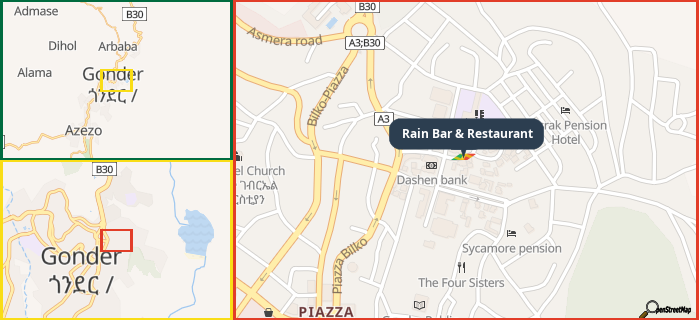 Map showing the address of Rain Bar & Restaurant in three different zoom levels.