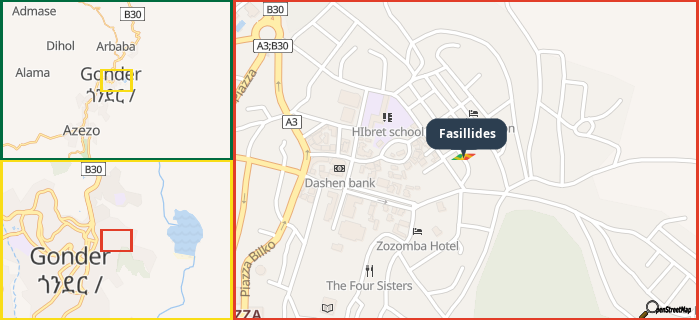 Map showing the address of Fasillides in three different zoom levels.