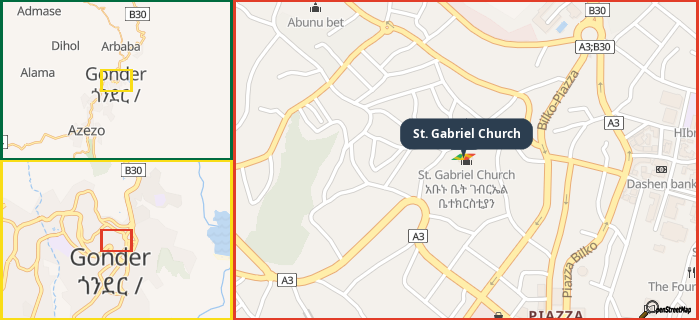 Map showing the address of St. Gabriel Church in three different zoom levels.