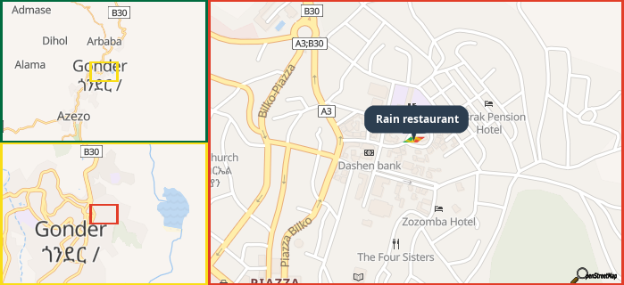 Map showing the address of Rain restaurant in three different zoom levels.