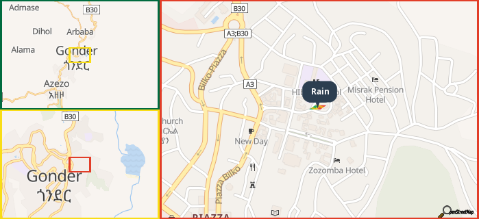 Map showing the address of Rain in three different zoom levels.
