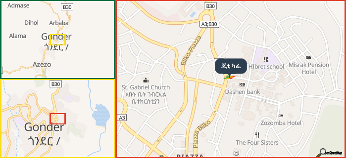 Map showing the address of ጂቲ ካፌ in three different zoom levels.