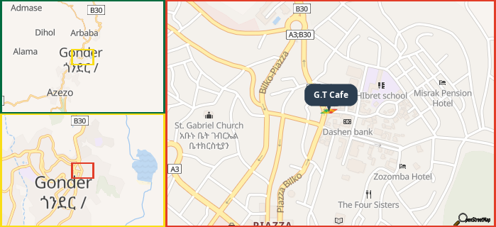 Map showing the address of G.T Cafe in three different zoom levels.