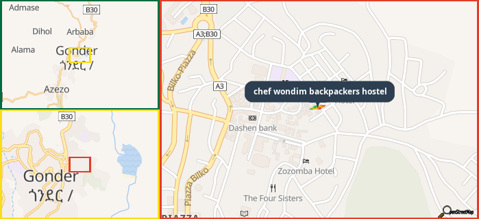 Map showing the address of chef wondim backpackers hostel in three different zoom levels.