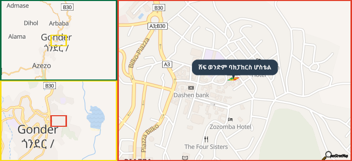 Map showing the address of ሸፍ ወንድም ባክፓከርስ ሆስቴል in three different zoom levels.