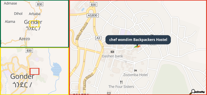 Map showing the address of chef wondim Backpackers Hostel in three different zoom levels.