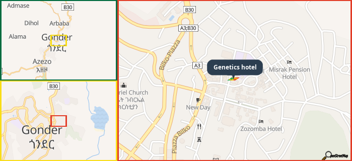 Map showing the address of Genetics hotel in three different zoom levels.