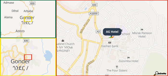Map showing the address of AG Hotel in three different zoom levels.