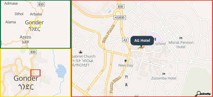 Map showing the address of AG Hotel in three different zoom levels.