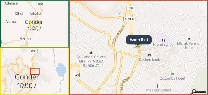 Map showing the address of Azmri Beit in three different zoom levels.