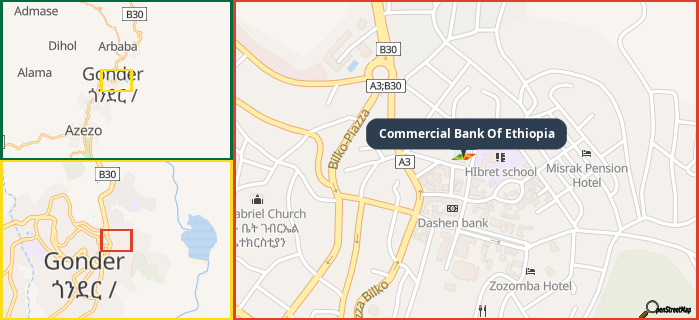 Map showing the address of Commercial Bank Of Ethiopia in three different zoom levels.