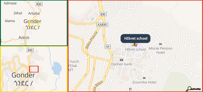 Map showing the address of HIbret school in three different zoom levels.