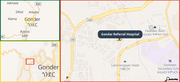 Map showing the address of Gondar Referral Hospital in three different zoom levels.