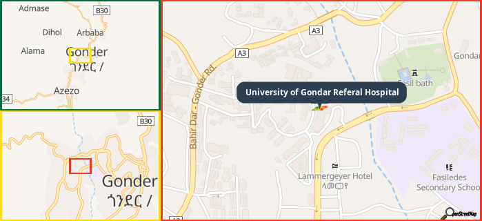 Map showing the address of University of Gondar Referal Hospital in three different zoom levels.